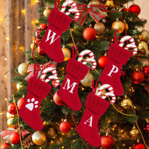 Creative Knitted Christmas Socks with Cute Footprint Design Small Letter Christmas Tree Ornaments Candy Bag Fork And Knife Holder