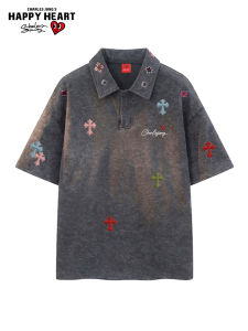 CHARLES JANGS HAPPY HEART | Heart Cross Patterned Polo Shirt Summer Loose Versatile