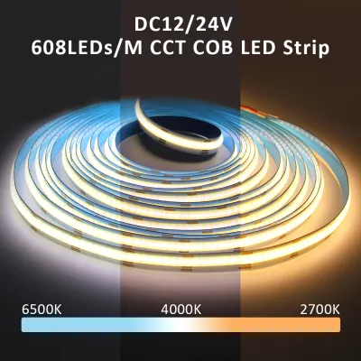 MJJC | CCT COB LED Strip Lights High Density 608 LEDs/m Flexible Dimmable FOB Led Tape 2700K to 6500K Changeable LED Lighting DC12V 24V