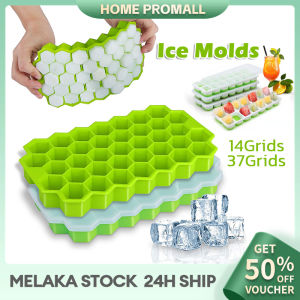 【Ready Stock】64/37/14 Grids Ice Cube Maker Tray Silicone Ice Cube Mold with Cover DIY Ice Box Kitchen Tools ​Pembuat Ais Batu 冰块模具