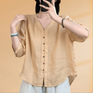 เสื้อเชิ้ตผ้าลินินหลวมๆ สำหรับผู้หญิงในช่วงฤดูร้อน แขนยาวปานกลาง คอวี สีสันสดใส สไตล์ลำลอง เสื้อคลุมแบบสวมหัว