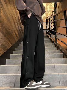 American High Street Side Button Casual Pants Men Spring Autumn Sporty Trendy Match All Long Pants Straight Leg Youthful