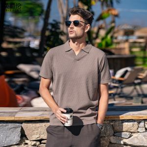 Enjeolon | Elegant Vintage Style Diamond Texture Knit Short Sleeve Polo Shirt