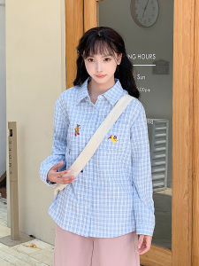 Áo Sơ Mi Nữ Tay Dài Màu Xanh Kẻ Caro Thêu Phong Cách Ngọt Ngào Rộng Rãi Cổ Polo Thường Ngày Mùa Thu Cotton 100%