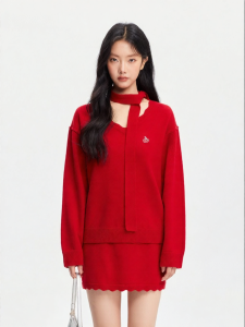 Embroidered V-neck Wool Knitted Sweater and Skirt Set Red