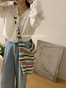 Original Thin Rainbow Knitted Crossbody Bag Artistic Ethnic Style Contrast Color Large Capacity Tote Bag for Women