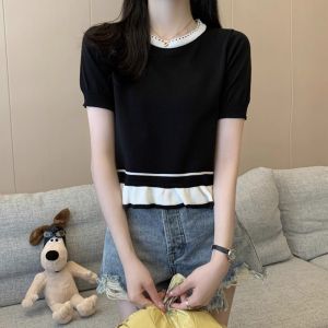 WANGGONGZHU | French Contrast Color Ruffle Short Sleeve Round Neck T-Shirt Women Summer Base Layer Top Design Sensation Korean Style Commute