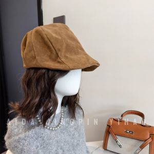 Amber Duckbill Beret Hat Velvet Flip Leather Large Head Circumference Vintage Solid Color Wide Brim Hat Face Slimming Fashionable