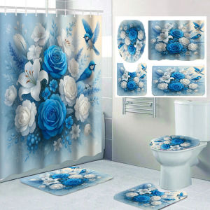 4/1 peony shower curtain set including toilet seat decoration carpet and toilet cover size 70.8x70.8 inches