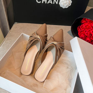 Elegant Womens Summer Outdoor Wear Mules Half Slippers Pointed Toe Thick Heel Slip-On Shoes Korean Style Butterfly Knot