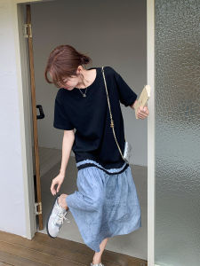 Casual French Style Splice Dress Black Contrast Summer New Arrival Womens Long Skirt Slimming Effect Polyester Fiber H-Line