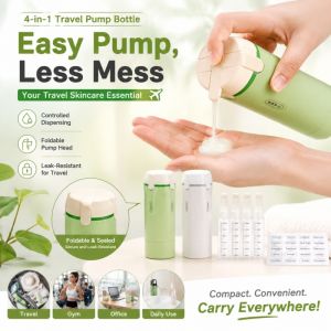 Aitemay 2Pcs 4‑in‑1 Travel Pump Dispenser Bottle Leak‑Proof Refillable Portable Squeeze Container for Shampoo Body Wash Lotion Cosmetic Storage