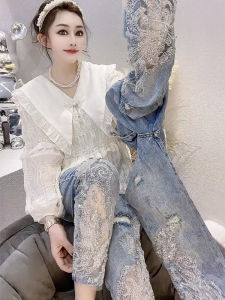 Exquisite Rhinestone Sequin Cut Out Denim Womens Spring/Summer 2023 New Arrival High Waist Slim Looking Ripped Ankle-Tied Cropped Pants
