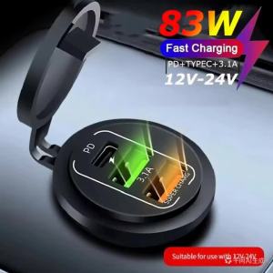 Car Charger Socket PD 30W QC3.0 USB C Ports Waterproof with Voltmeter 83W Fast Charging 12V/24V For Motorcycle Truck RV Boat