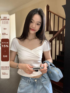 Pure Desire Deer Happy Short Sleeve Pleated T-Shirt Womens Slim Fit Base Shirt Korean Style Commute Summer Cotton Blend