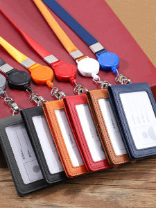 Foldable Dual Slot Work ID Card Holder PU Leather Bus Card Sleeve Retractable Lanyard Student School Badge Organizer