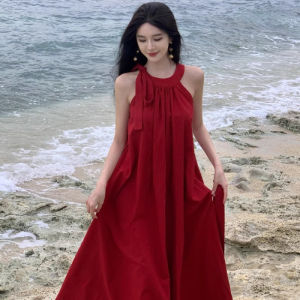 French Red Halter Neck Dress Women Summer Bride Morning Robe Beach Vacation Long Skirt X Version A-Line Skirt No Sleeve