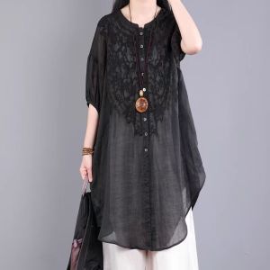 Retro High-End Hemp Heavy Embroidery Shirt Large Size Womens Mid-Length Stand Collar Lantern Sleeve Loose Open Cardigan Top