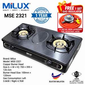 MILUX MSE-2321 Classic Double Burner Gas Cooker Copper Burner Head Dapur Gas 2 Tungku + FREE M-168F Regulator & 1.5M SIRIM Hose