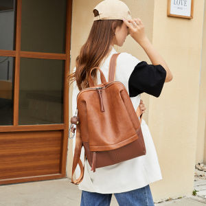 กระเป๋าเป้สะพายหลังหนังวัวสำหรับใส่โน้ตบุ๊กขนาด 13-16 นิ้ว กระเป๋าสะพายไหล่แบบสองข้างสำหรับผู้หญิง ความจุขนาดใหญ่ 14 นิ้ว กระเป๋าสะพายประจำวันสำหรับเดินทางไปทำงาน