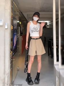 Rosh Trousers Shorts for Women: High-Waisted with Pocket, Korean A-Line Wide-Leg Pants, Casual Loose Slim