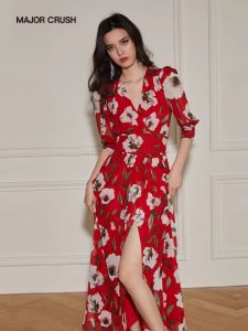 French Red Floral Print Long Waist-Cinching Younger Wrap Dress