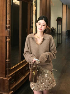 เสื้อสเวตเตอร์คอปกตั้งทรงหลวมสไตล์เกาหลีสำหรับผู้หญิงในฤดูหนาว ดีไซน์เรียบง่าย ประดับเพชร ด้ายหนา คอกลม แขนยาว ปกติ