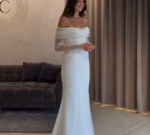 Customized Off the Shoullder Wedding Gown/Backless Sweep Train Wedding Dress/Sparkly Wedding Dress/Beach wedding dress