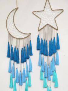Moon & Star Macrame Dream Catcher Wall Decor Blue Tassels Boho Hanging Ornament Nordic Style Bedroom Living Room Decoration Gift