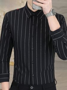 HENGYUANXIANG | Hengyuanxiang Mens Striped Long Sleeve Casual Business Shirt Fashionable Spring Autumn Dad Clothes Standard Fit Button Detail