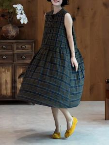 MANMI | Stylish Casual Loose-fitting Blue and Green Plaid Sleeveless Dress