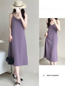 ชุดเดรสยาวผ้าชีฟองสีม่วงอ่อน คอวี แขนกุด ทรงเอ ทรงหลวม สไตล์เกาหลี ชุดเดรสฤดูร้อน ชุดเดรสยาวคลุมเข่า