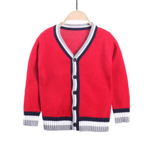 British Style V-Neck Knitted Cardigan Coat for Kindergarten And Primary School Children with Stripes Matching Top Cotton 100%