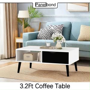 Panelbond Modern Coffee Table with Solid Wood Legs 3.2ft Living Room Open Storage Side Table TV Stand with Drawers Solid Wood