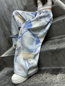 กางเกงยีนส์ขากว้างพิมพ์ลายสำหรับเด็กผู้หญิง กางเกงขายาวทรงหลวมสบายๆ สไตล์ฮิปฮอปย้อนยุค สไตล์อเมริกันหวานและเท่