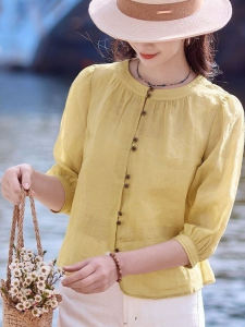Summer 2025 Retro round Neck Shirt Loose Casual Womens Fashionable Top Seven-Quarter Sleeve Artistic Versatile Loose Fit