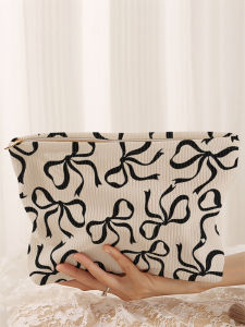 Túi Đựng Đồ Trang Điểm Bằng Vải Nhung Có Họa Tiết Nơ Khóa Kéo Nhẹ Hộp Đựng Đa Năng Có Lớp Lót Chất Liệu Polyester Kiểu Dáng Giản Dị