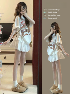 ฤดูร้อน กระโปรงสั้น ชุด ผู้หญิง สีชา หลวม ชุดทํางานชิ้นเดียวลดอายุไขมันไมโครพอดีสูง เอว สั้น กระโปรงทรงเอ