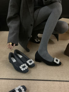 French Elegant Diamond Embellished Fleece Lined Chunky Heel Womens Shoes Autumn Winter New Style Square Head Tweed High Heel Fur Shoes