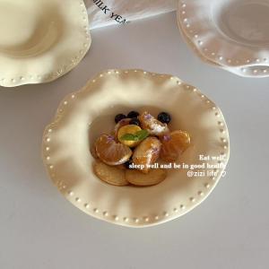 French Style Irregular Ceramic Plate Salad Plate Multi-Functional Plate Home High Aesthetic Value Cream Color Bead Dot Lace Edge