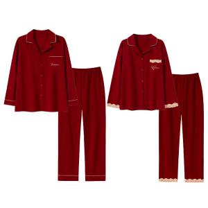 MiiOW | Couple Sleepwear Thermal Thin Fleece Long Sleeve New Wedding Home Clothes Red Home Clothes Lightweight Comfortable Polyester Fiber