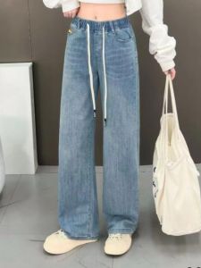 Quần Jeans Ống Thẳng Rộng Cạp Cao Có Thắt Lưng Thun Có Sợi Dây Quần Dài Ôm Dáng Thường Ngày Cho Nữ Cỡ Lớn Mùa Xuân Thu