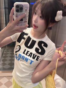 Áo Thun Cotton Tay Ngắn in Chữ Màu Trắng Phong Cách Mỹ Dành Cho Nữ Mùa Hè Thiết Kế Ôm Vừa Vặn Đa Năng Phong Cách in Sành Điệu