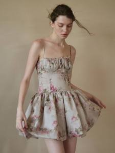 Ma/Gray Green Bottom Pink Rose Sweet French Retro Oil Painting Print Princess Bud Skirt Mini Sling Dress