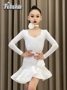 Fibeka New 2025 Childrens Latin Dance Practice Suit Long Sleeve White Simple Training Costume for Girls Ages 3-14