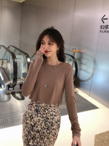 Coffe Brown 2024 Womens Spring Autumn Short Sleeve Long T-shirt Knitted Base Shirt Pure Color Slim Fit round Neck Top