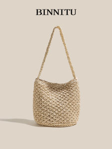 Beach Vacation Straw Woven Bucket Bag Womens Single Shoulder Bag Summer Casual Style Youth Fashion Soft Handle Polyester Lining