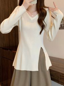 Áo Len Dệt Kim Cổ Chữ V Hở Vai Ôm Vừa Vặn Thời Trang Đầu Thu 2025 Áo Sơ Mi Nữ Thanh Lịch Mềm Mại Dài Tay Thường Ngày