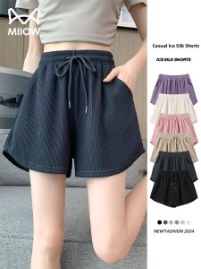 MiiOW | Black Ice Silk Loose Sports Shorts Womens Summer Thin High Waist Wide Leg Pants Three-Quarter Length Comfortable Fit MiiOW