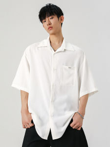 Mens Summer Short Sleeve Shirt Ice Silk Lightweight Casual Loose Trendy Top Polyester Fiber Wear Resistant Pure Color